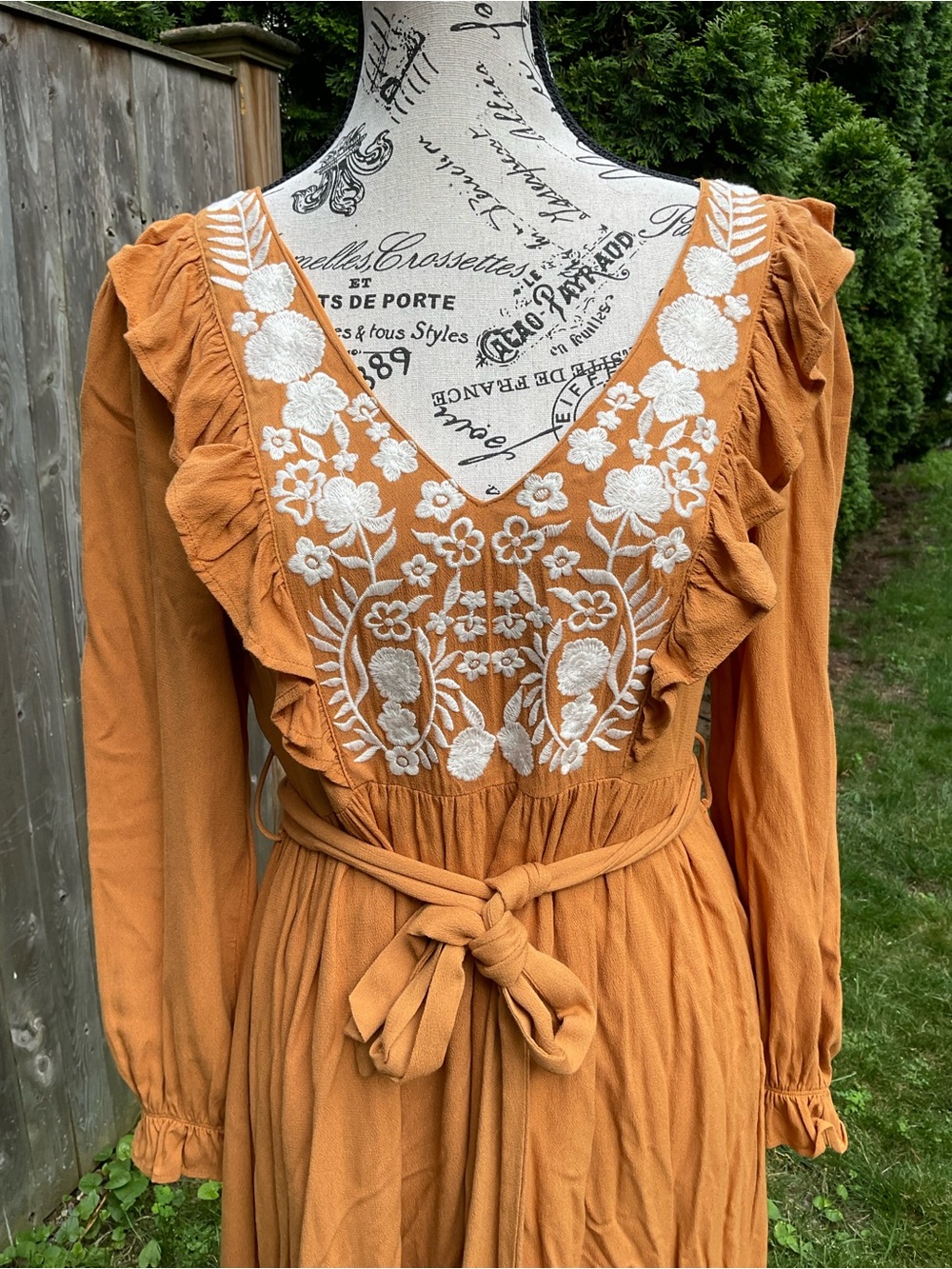 For Love And Lemons Mustard Long Sleeve Embroidered Midi Dress - Picture 2 of 11